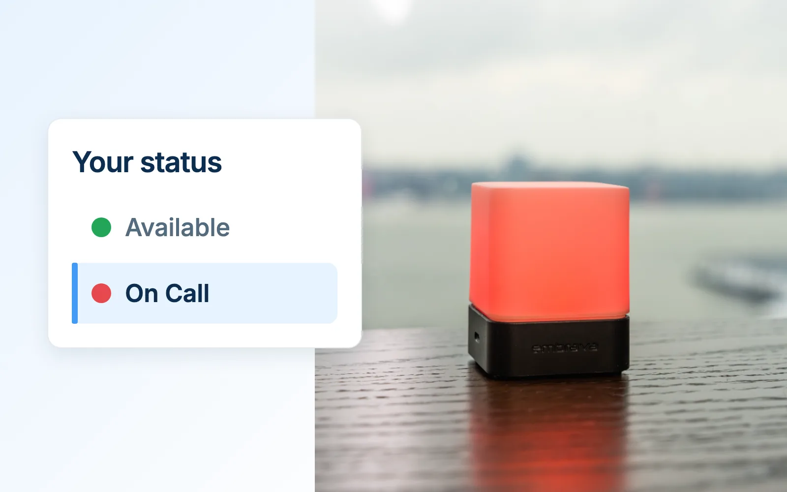 A status card showing Available and On Call, with On Call selected, beside a Blynclight busy light glowing red on a desk