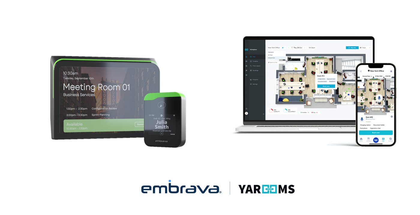 Embrava Room Sign and Desk Sign beside the YAROOMS workplace map on a laptop and a phone