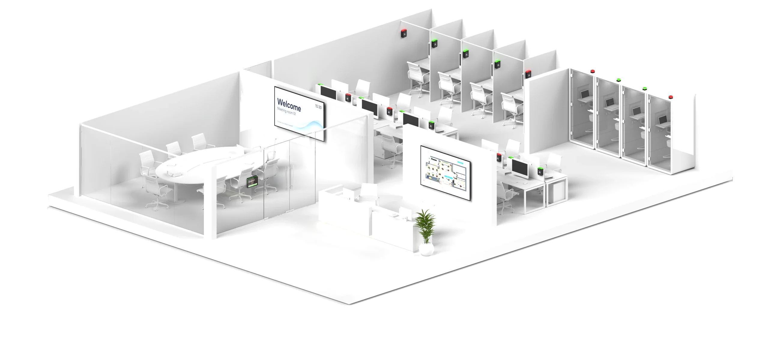 A white 3D office with a glass meeting room, shared desks, focus booths, phone booths and a reception screen. Red and green lights show which spaces are free.