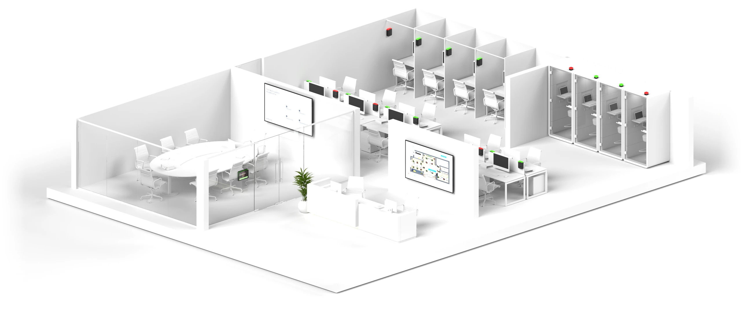 A white 3D office with a glass meeting room, shared desks, focus booths, phone booths and a reception screen. Red and green lights show which spaces are free.