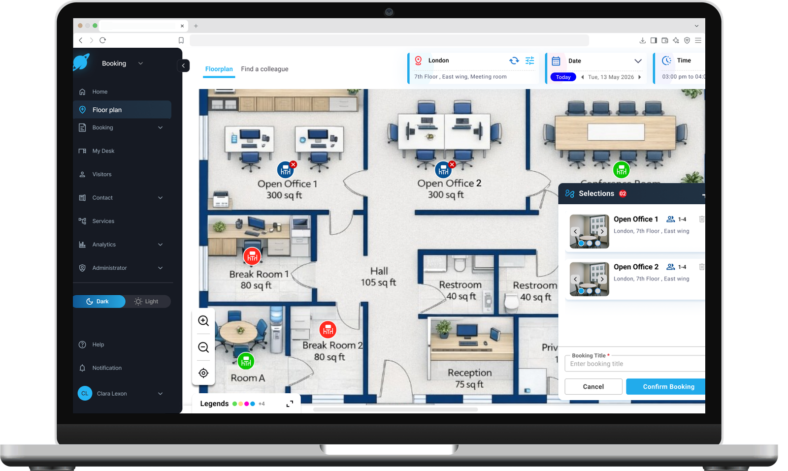 The Korbyt Booking floor plan on a laptop, showing desk and room availability and a selections panel for confirming a booking.