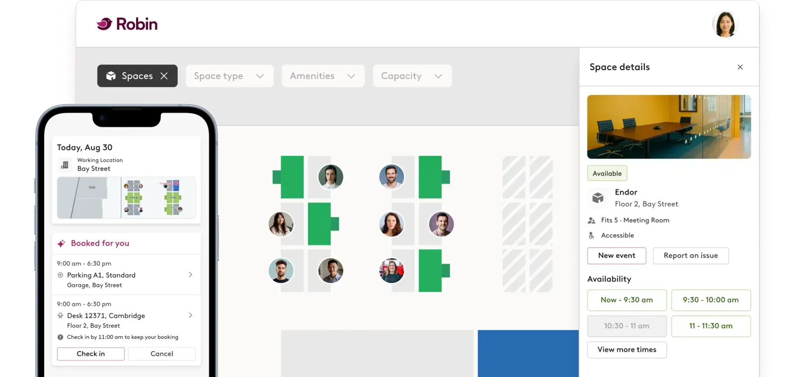 The Robin workplace map with desk availability and space details, beside the Robin mobile app showing a desk booking and check-in.
