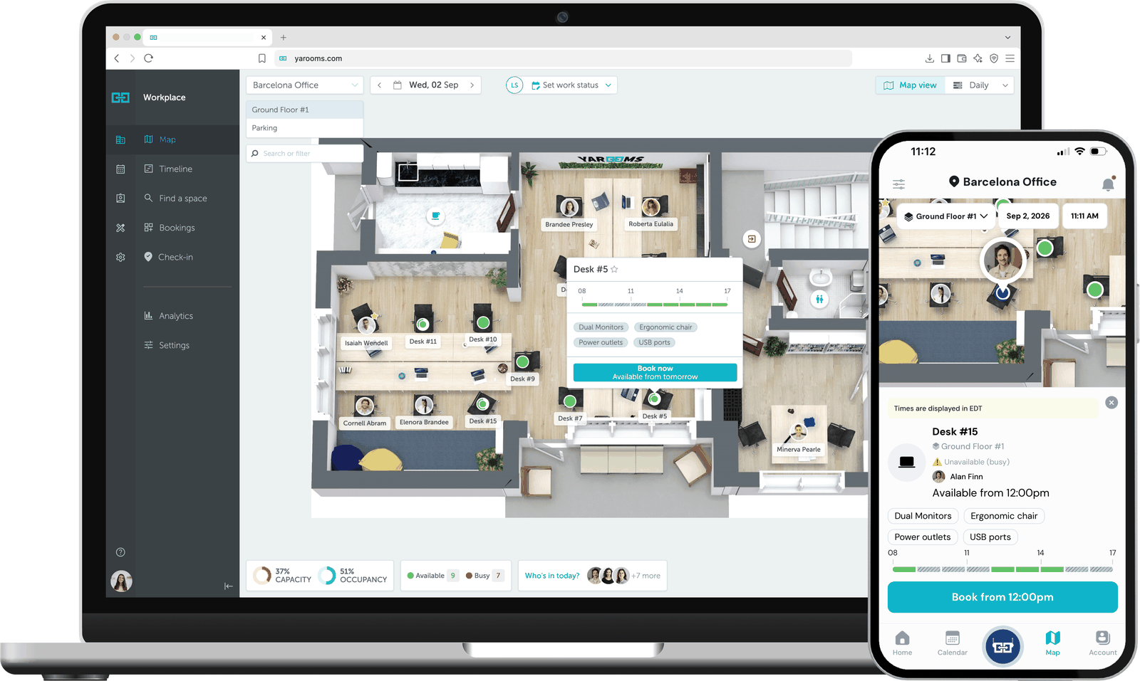The YAROOMS workplace map on a laptop and a phone, showing desk availability on a floor plan and a Desk #5 booking card.
